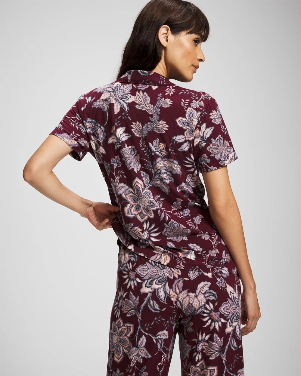 Piped Short Sleeve Notch Collar Pajama Top