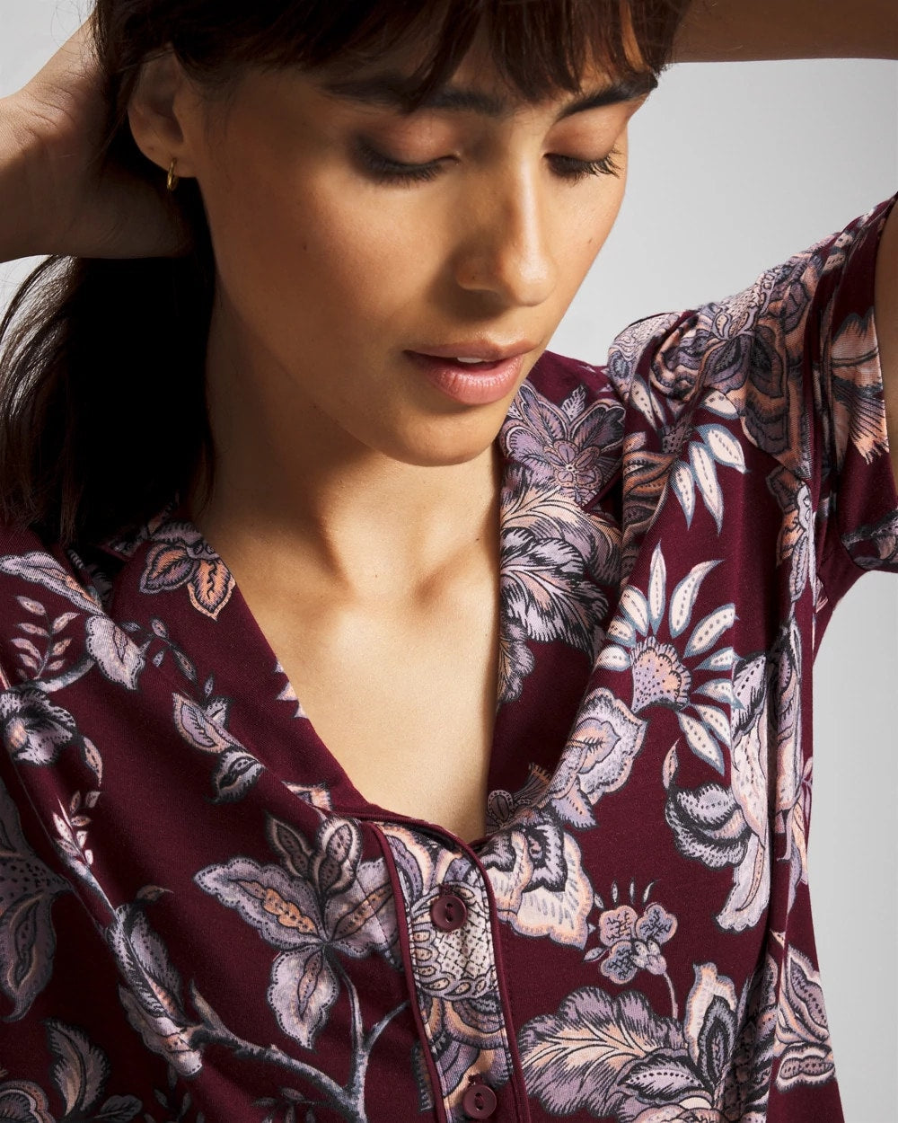 Piped Short Sleeve Notch Collar Pajama Top