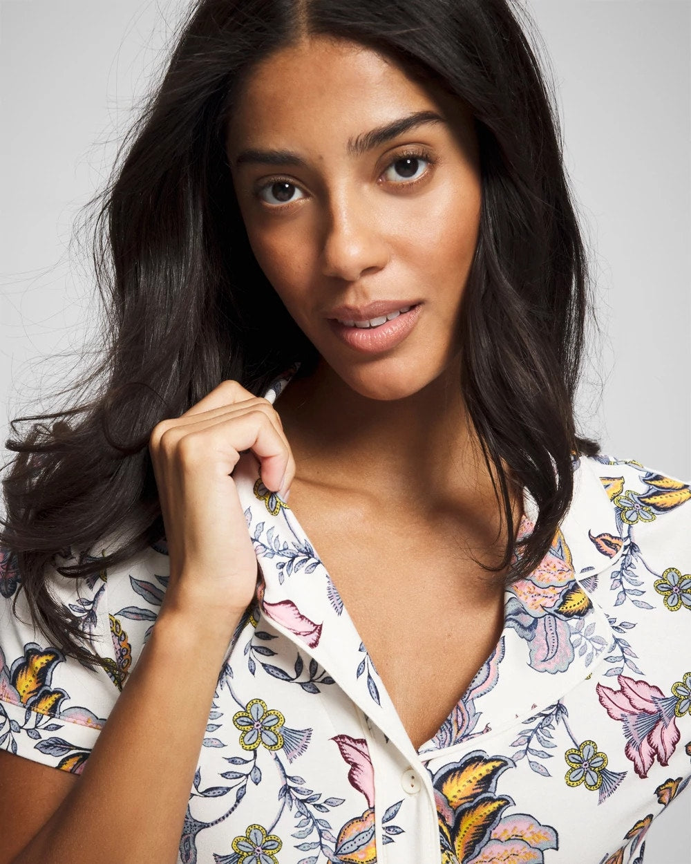 Piped Short Sleeve Notch Collar Pajama Top