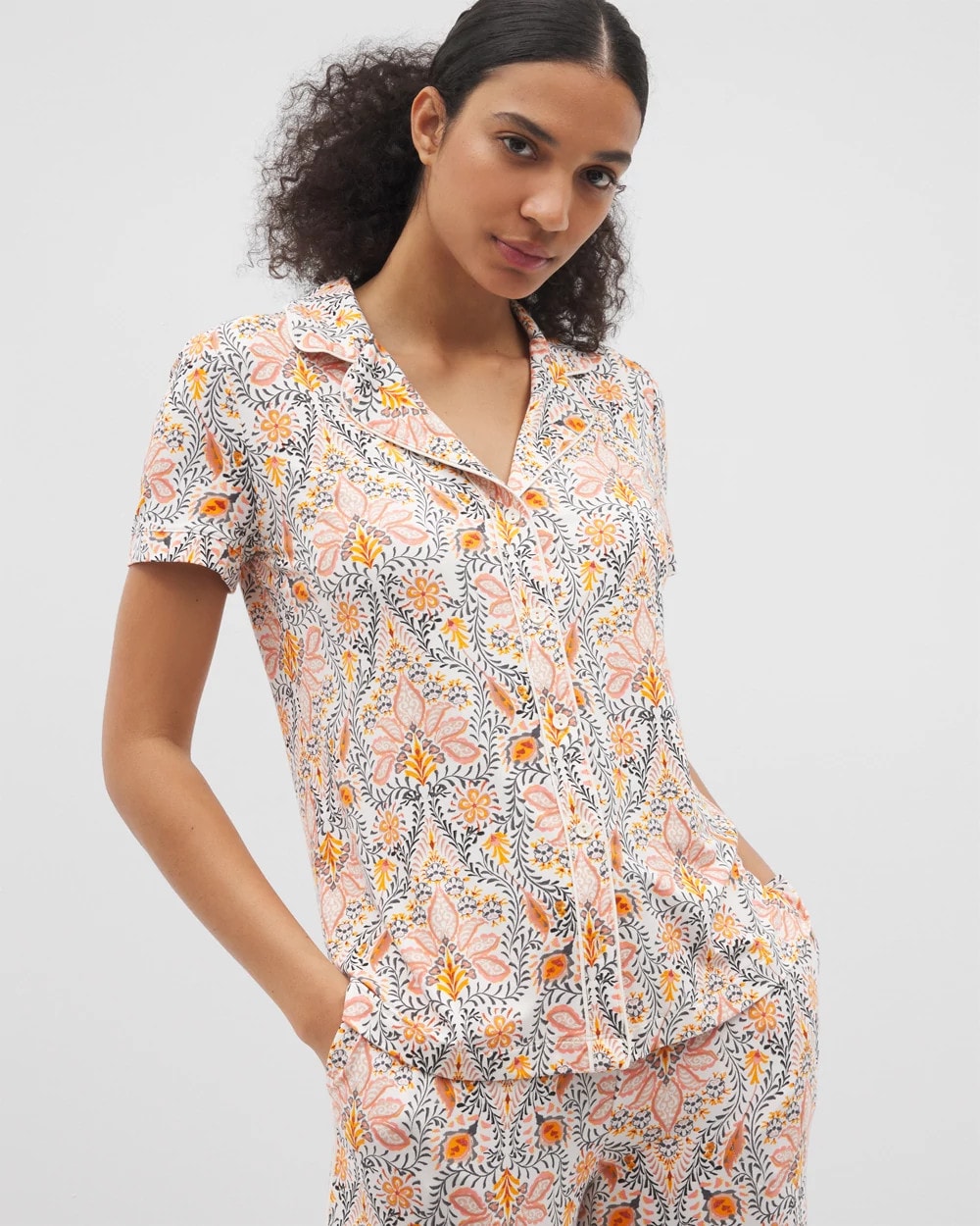 Piped Short Sleeve Notch Collar Pajama Top