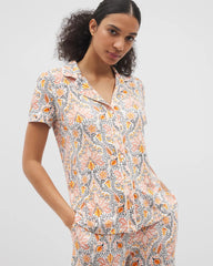 Piped Short Sleeve Notch Collar Pajama Top
