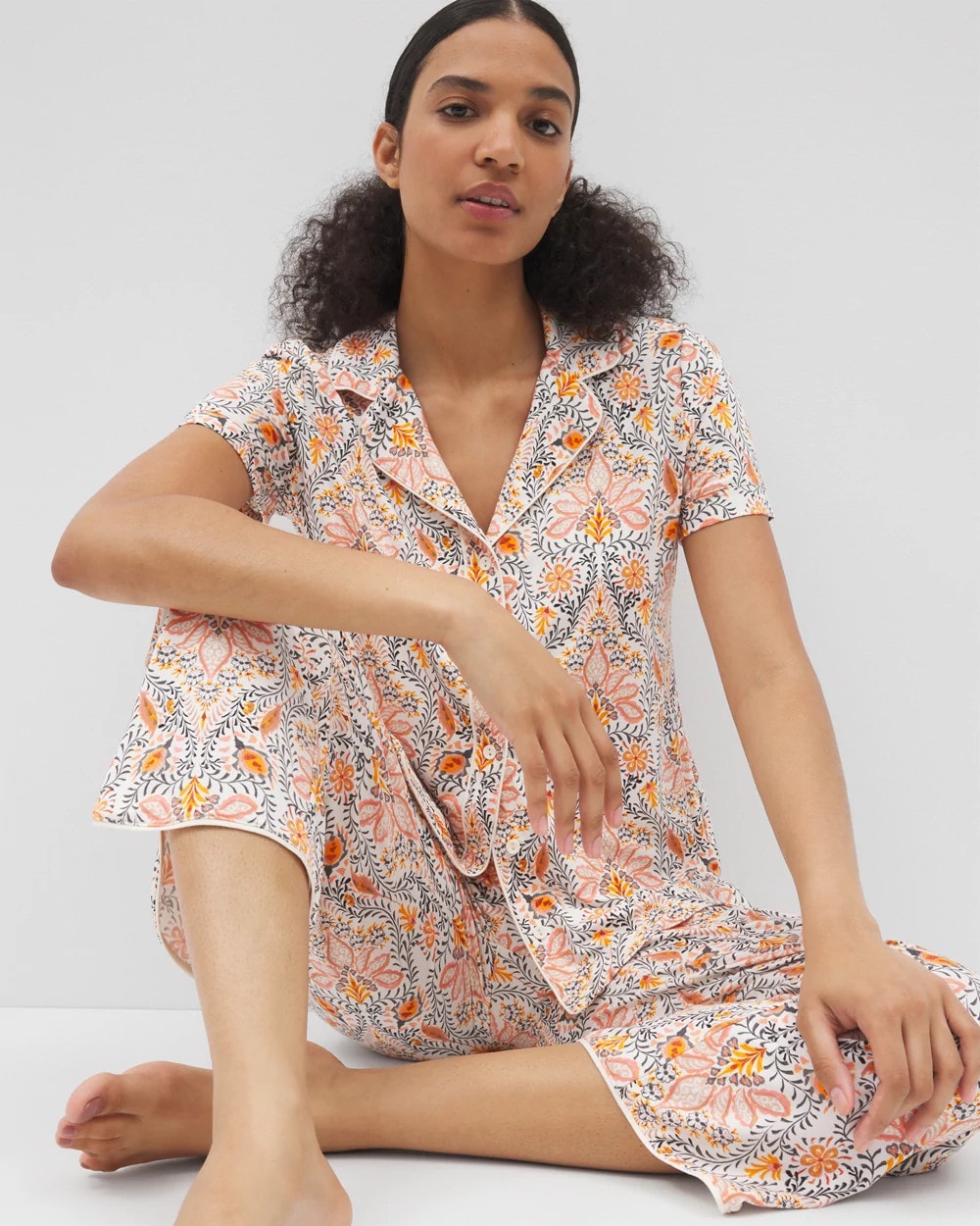 Piped Short Sleeve Notch Collar Pajama Top