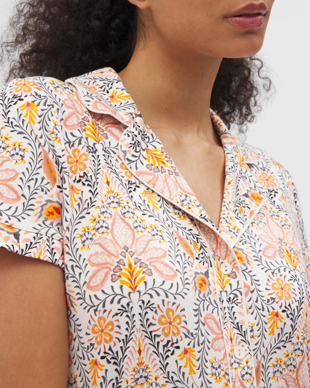Piped Short Sleeve Notch Collar Pajama Top