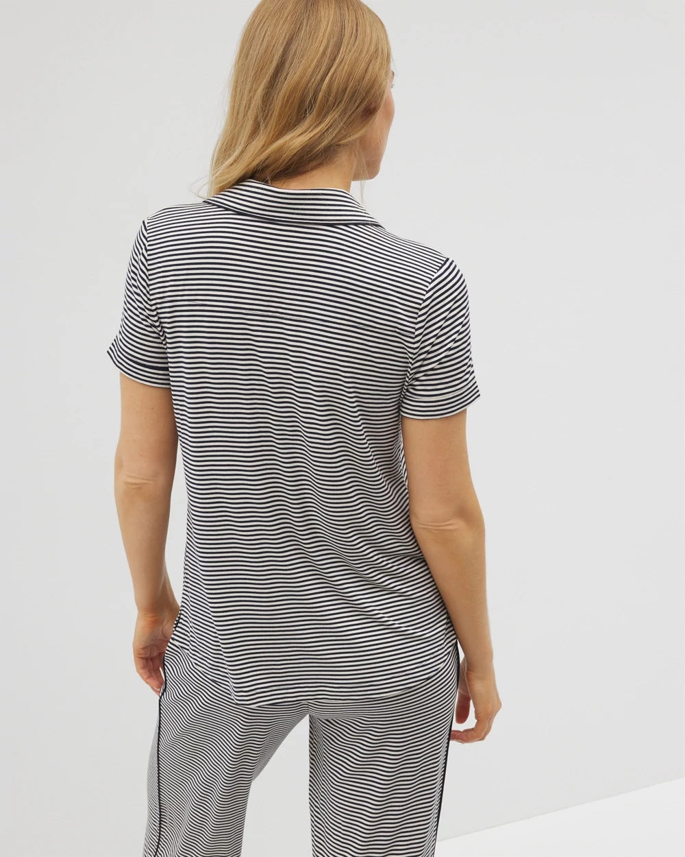 Piped Short Sleeve Notch Collar Pajama Top