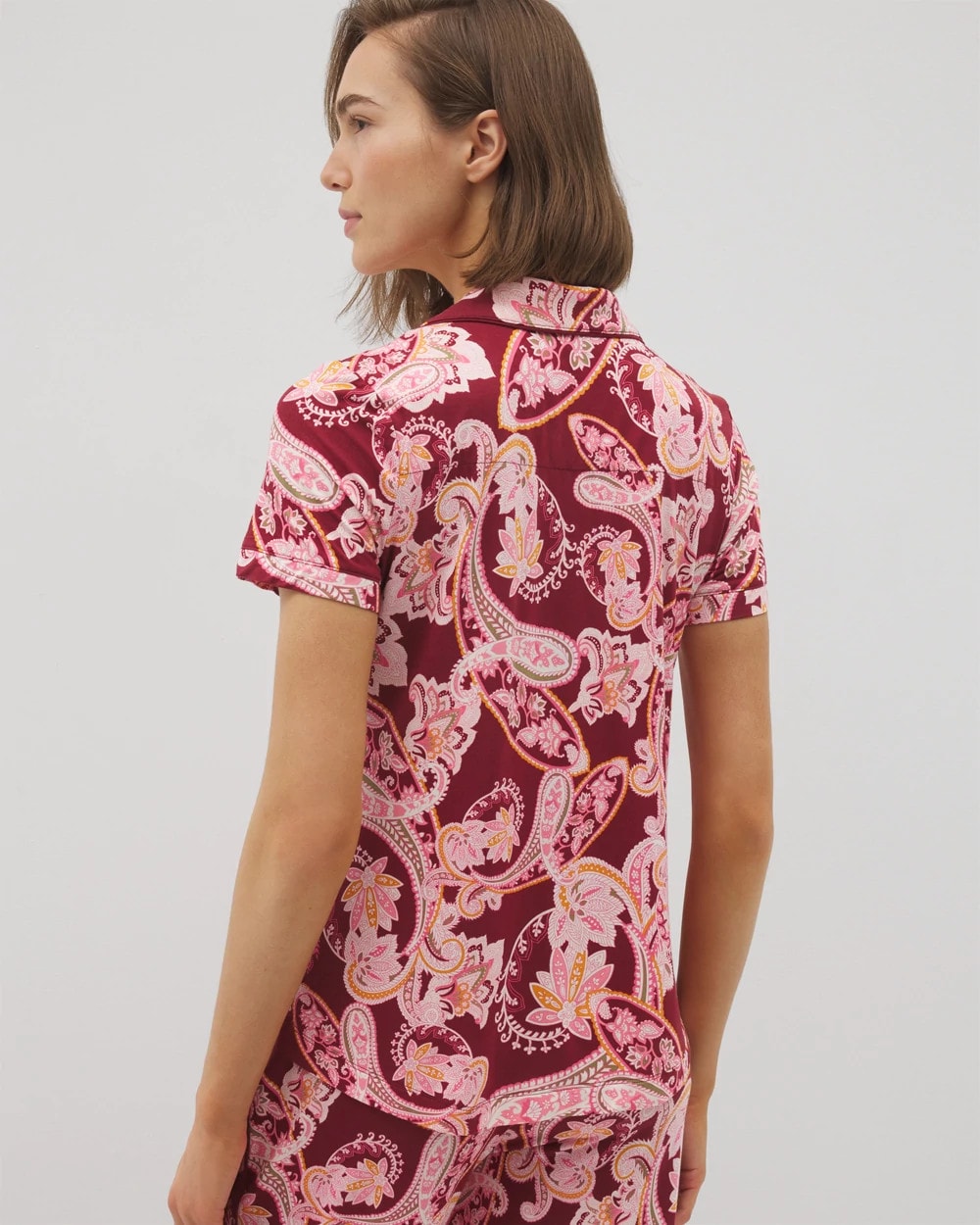 Piped Short Sleeve Notch Collar Pajama Top