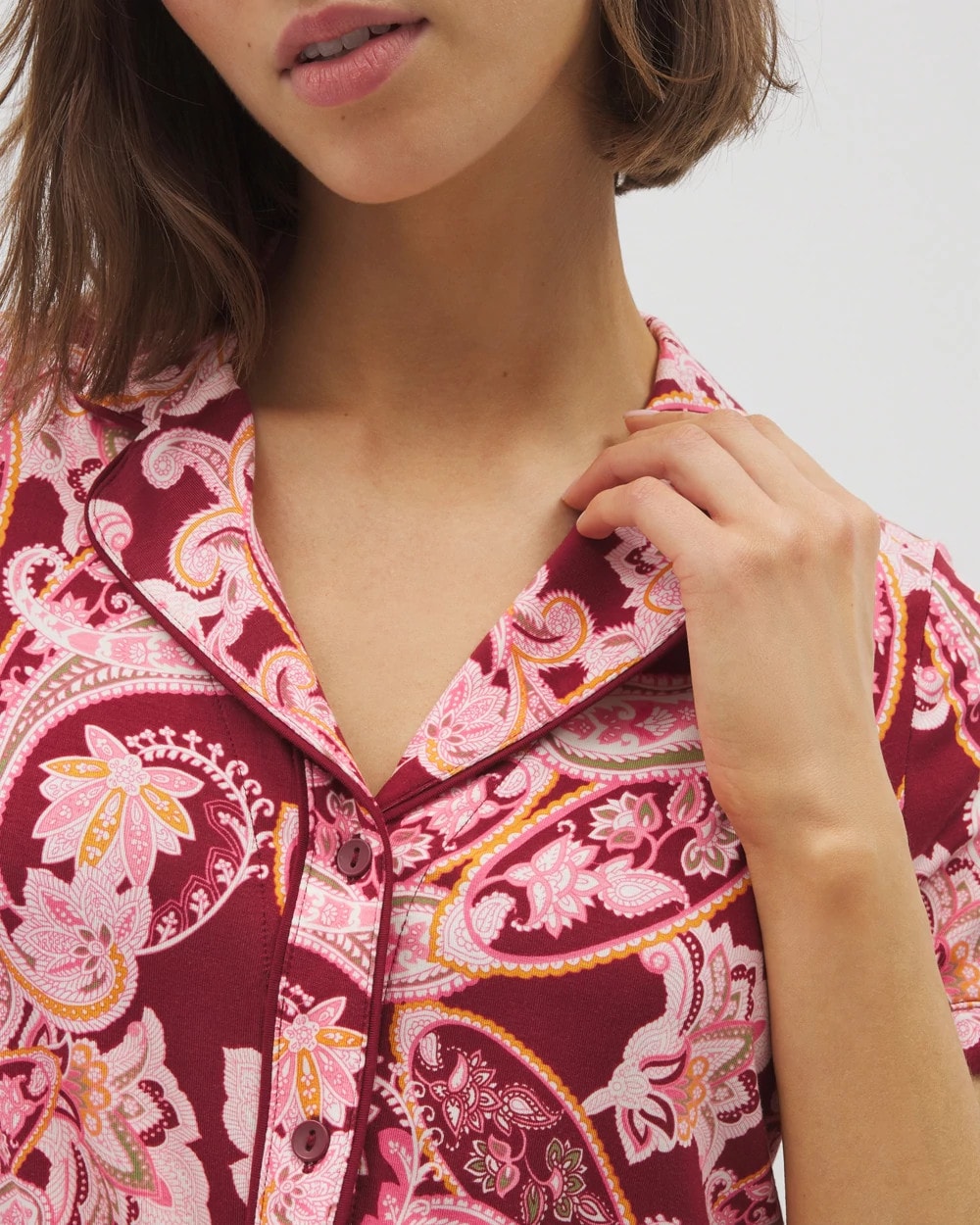 Piped Short Sleeve Notch Collar Pajama Top