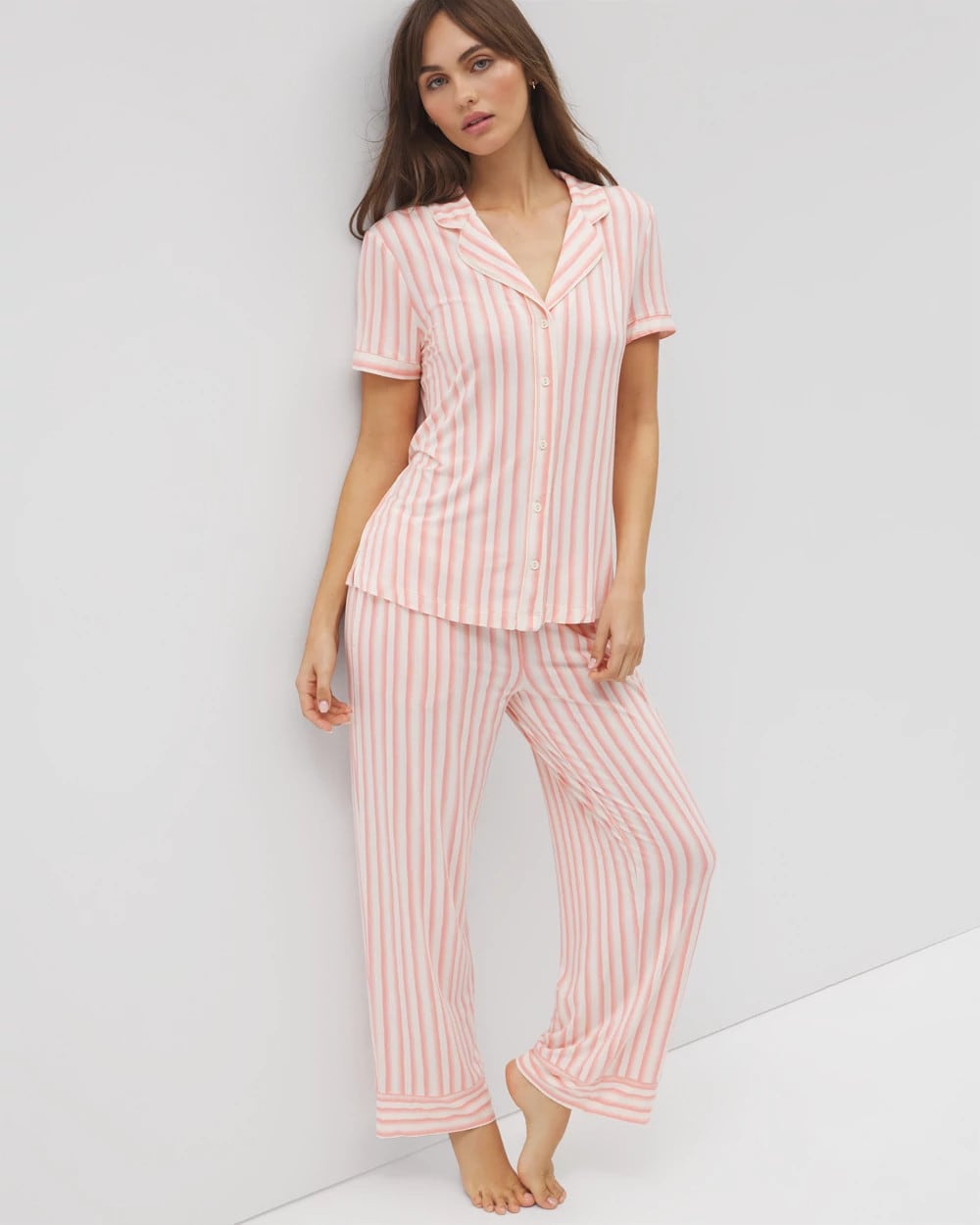 Piped Short Sleeve Notch Collar Pajama Top