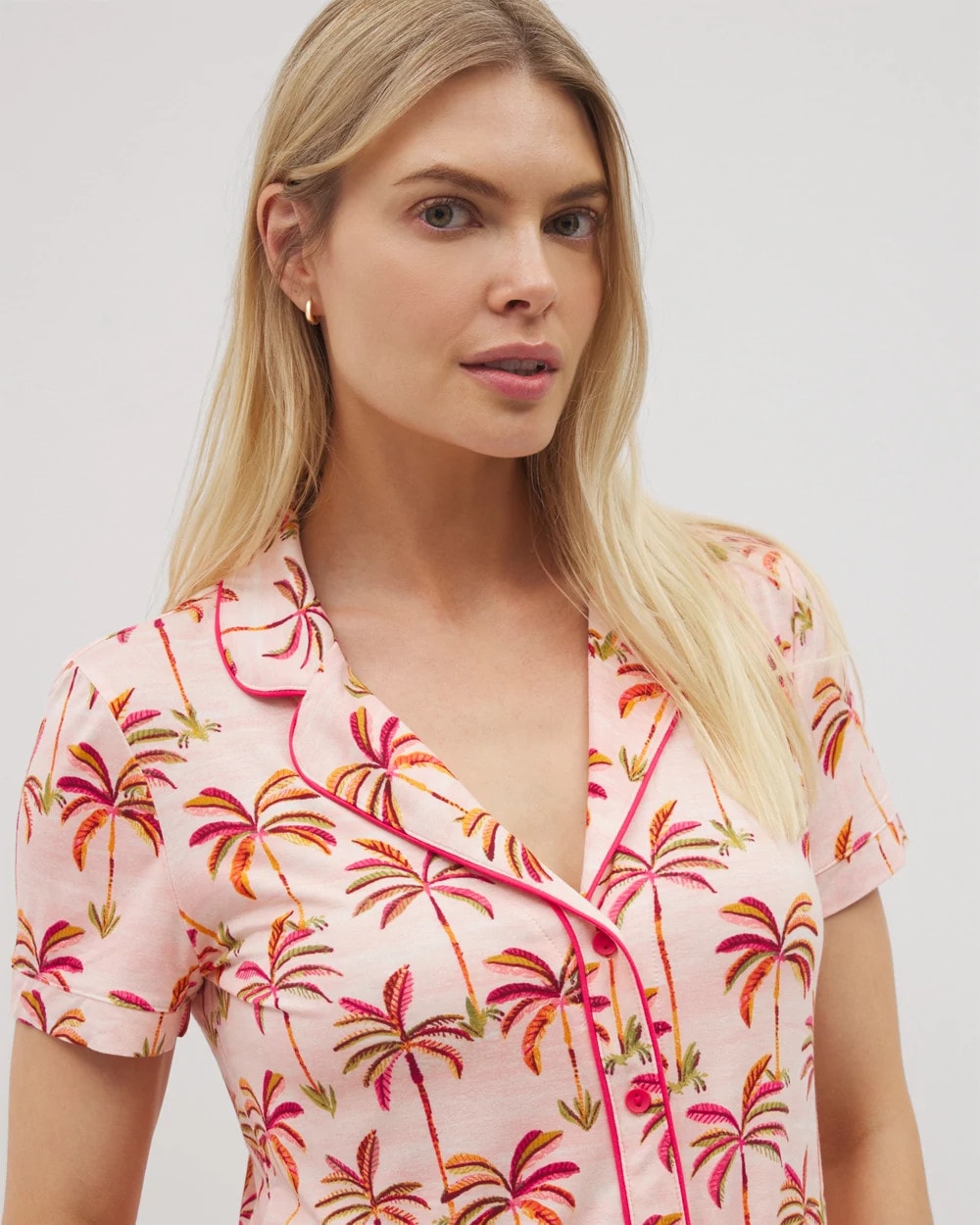 Piped Short Sleeve Notch Collar Pajama Top