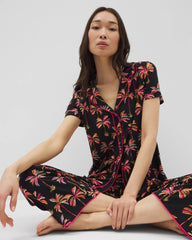Piped Short Sleeve Notch Collar Pajama Top