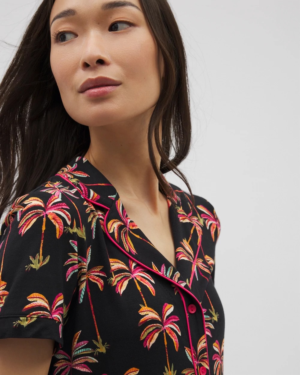 Piped Short Sleeve Notch Collar Pajama Top