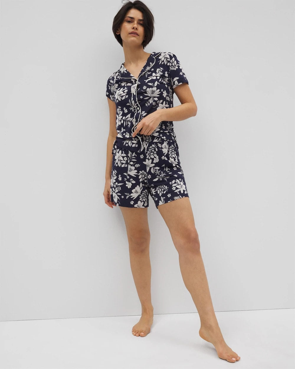 Piped Short Sleeve Notch Collar Pajama Top