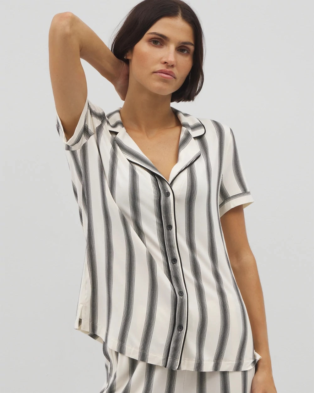 Piped Short Sleeve Notch Collar Pajama Top