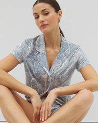 Piped Short Sleeve Notch Collar Pajama Top