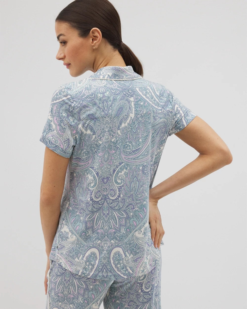 Piped Short Sleeve Notch Collar Pajama Top
