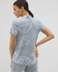 Piped Short Sleeve Notch Collar Pajama Top