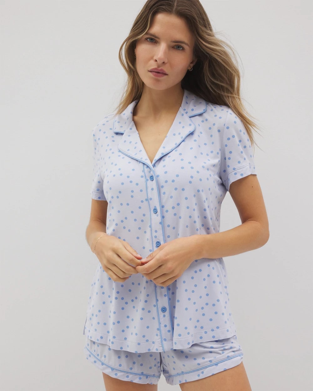 Piped Short Sleeve Notch Collar Pajama Top