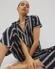 Piped Short Sleeve Notch Collar Pajama Top