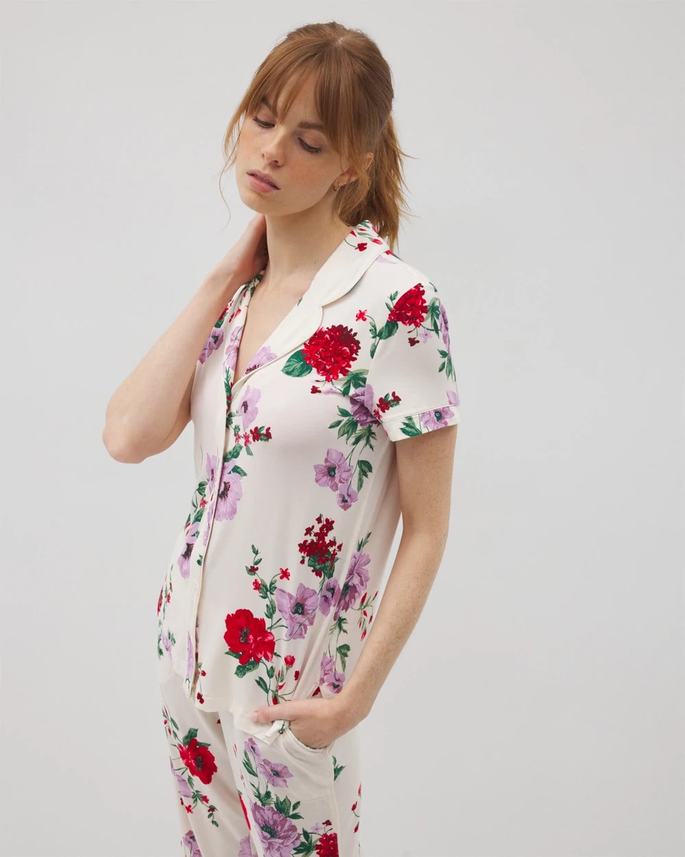 Piped Short Sleeve Notch Collar Pajama Top