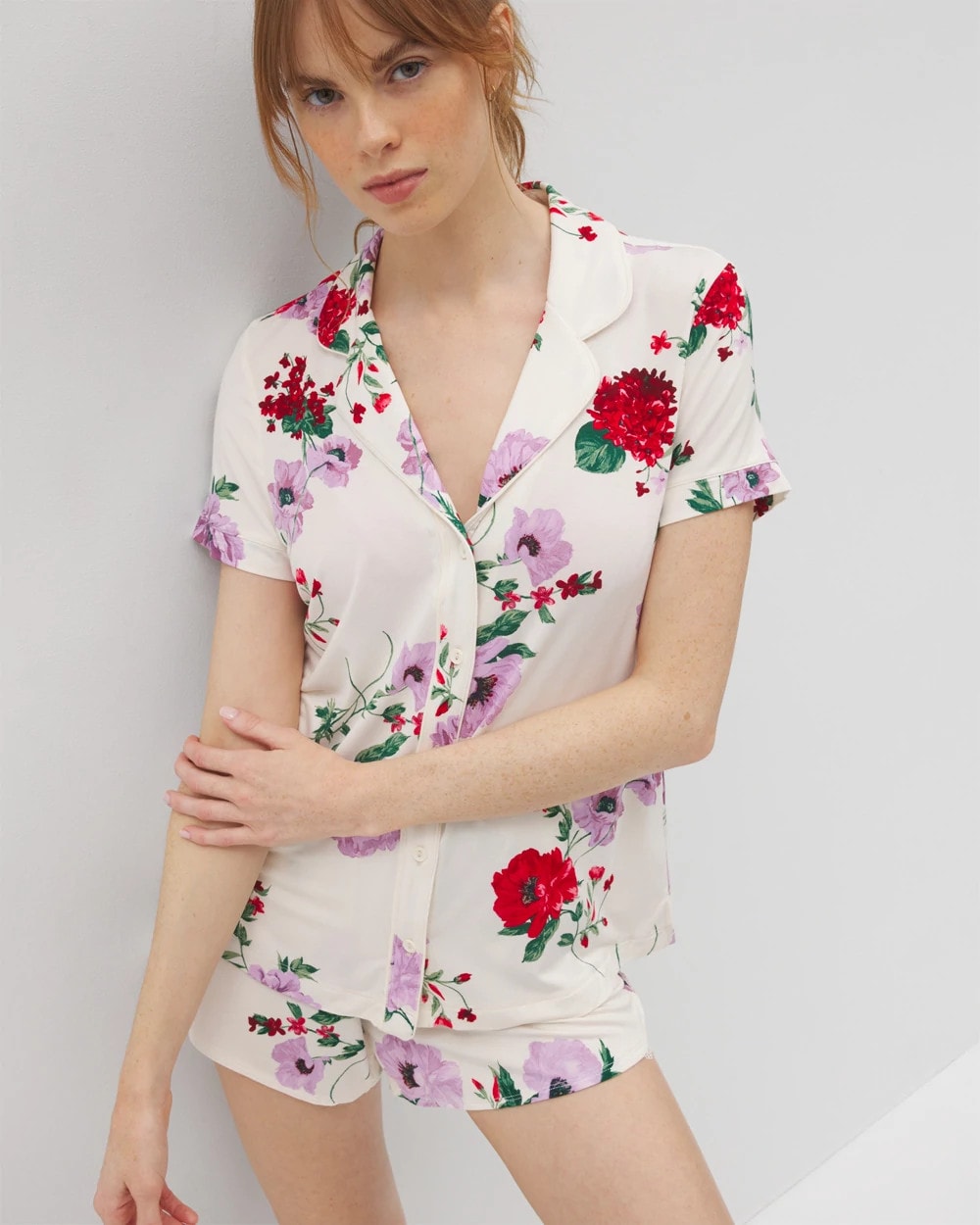 Piped Short Sleeve Notch Collar Pajama Top