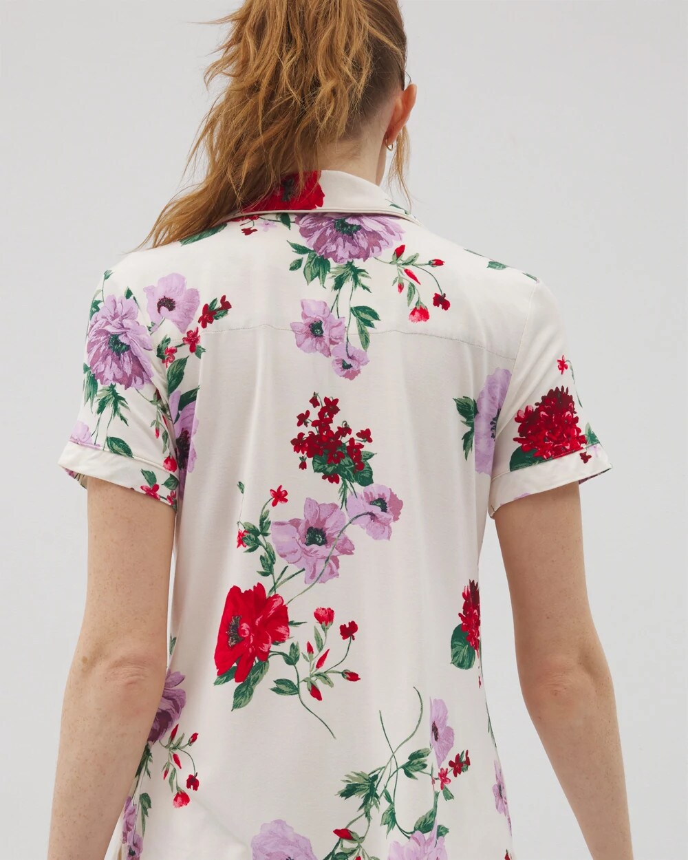 Piped Short Sleeve Notch Collar Pajama Top