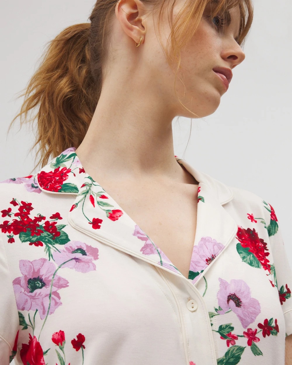 Piped Short Sleeve Notch Collar Pajama Top