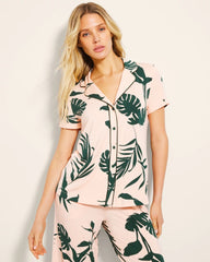 Piped Short Sleeve Notch Collar Pajama Top