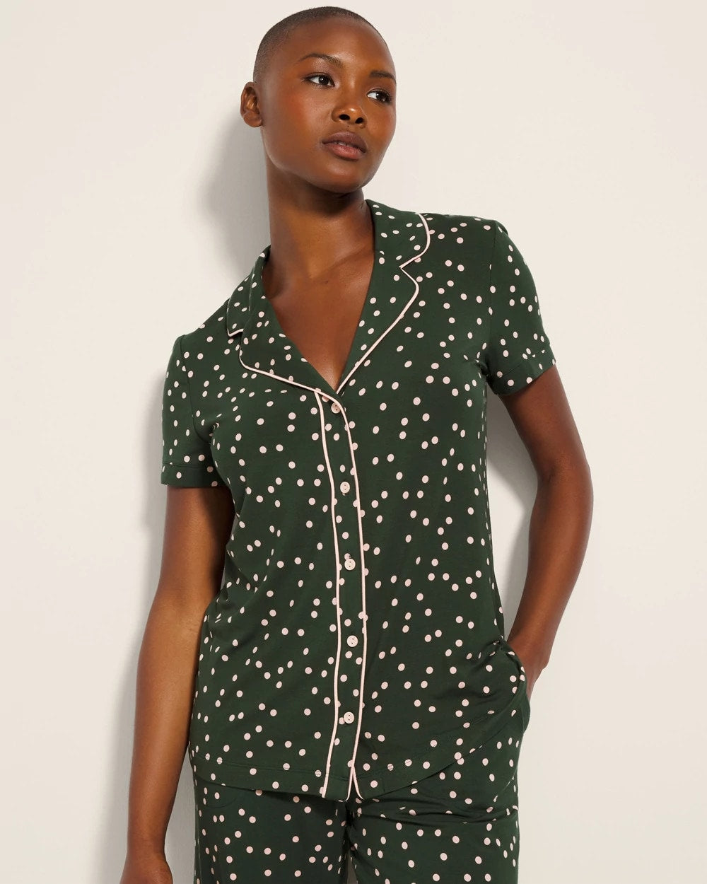 Piped Short Sleeve Notch Collar Pajama Top