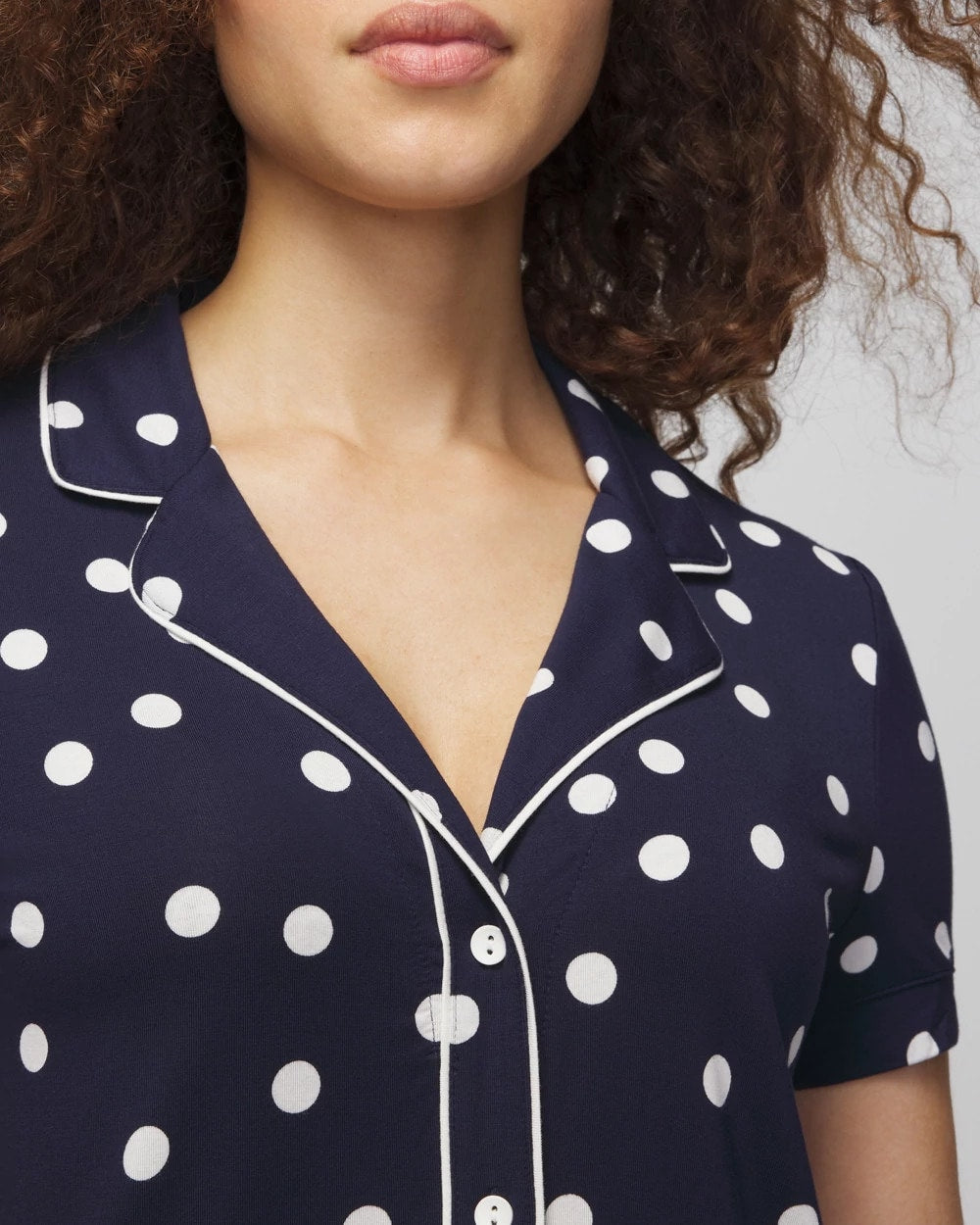 Piped Short Sleeve Notch Collar Pajama Top