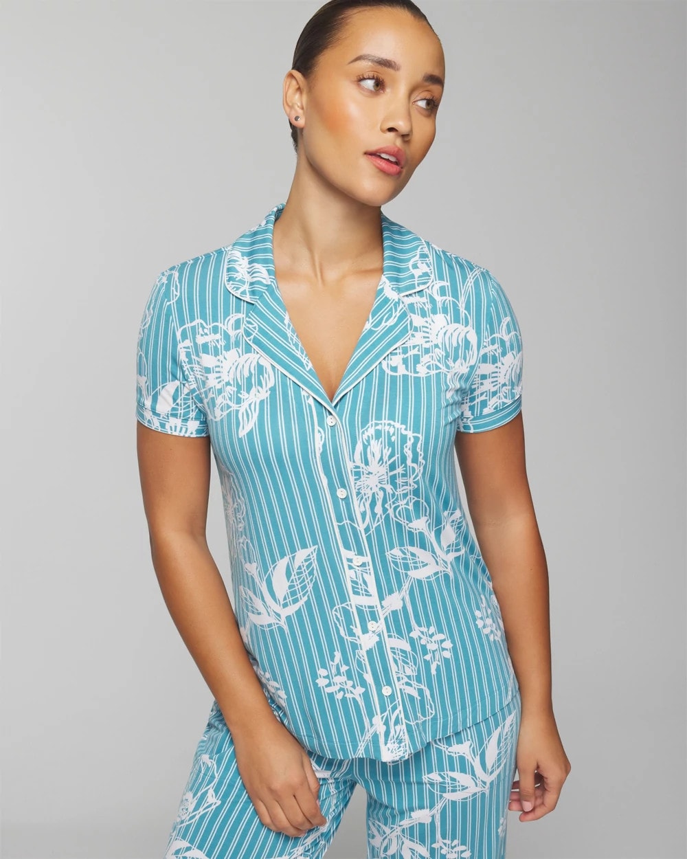 Piped Short Sleeve Notch Collar Pajama Top
