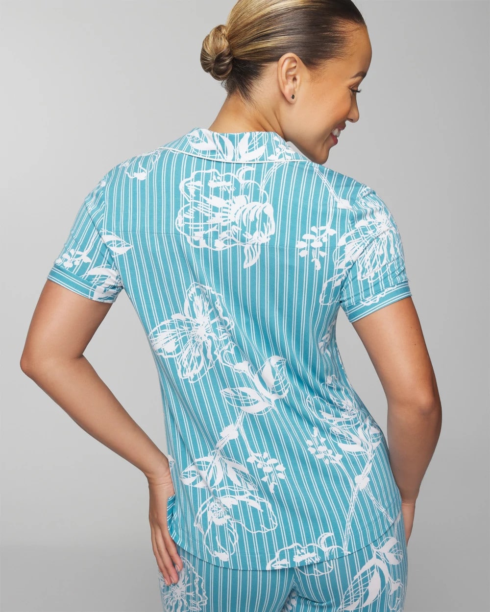 Piped Short Sleeve Notch Collar Pajama Top