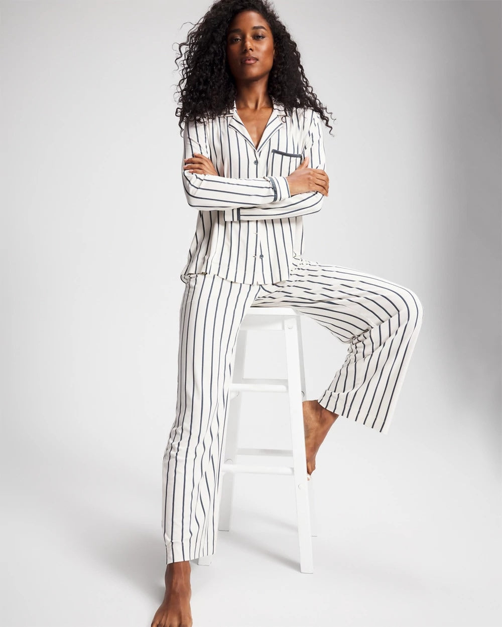 Long-Sleeve Notch Collar Pajama Top
