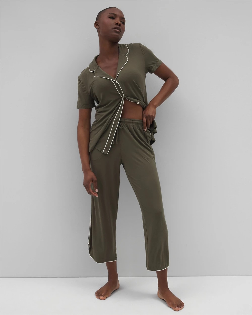 Solid Piped Crop Pajama Pant