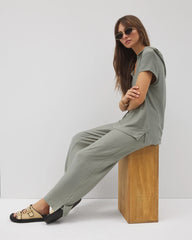 Crinkle Knit Short Sleeve V-Neck Hoodie