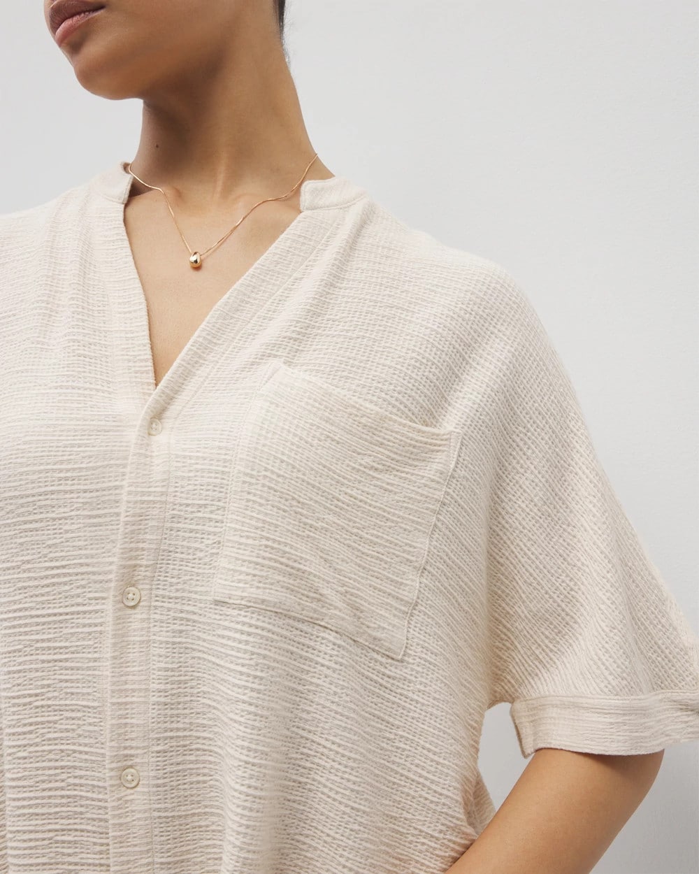 Crinkle Knit Relaxed Button-Up Top